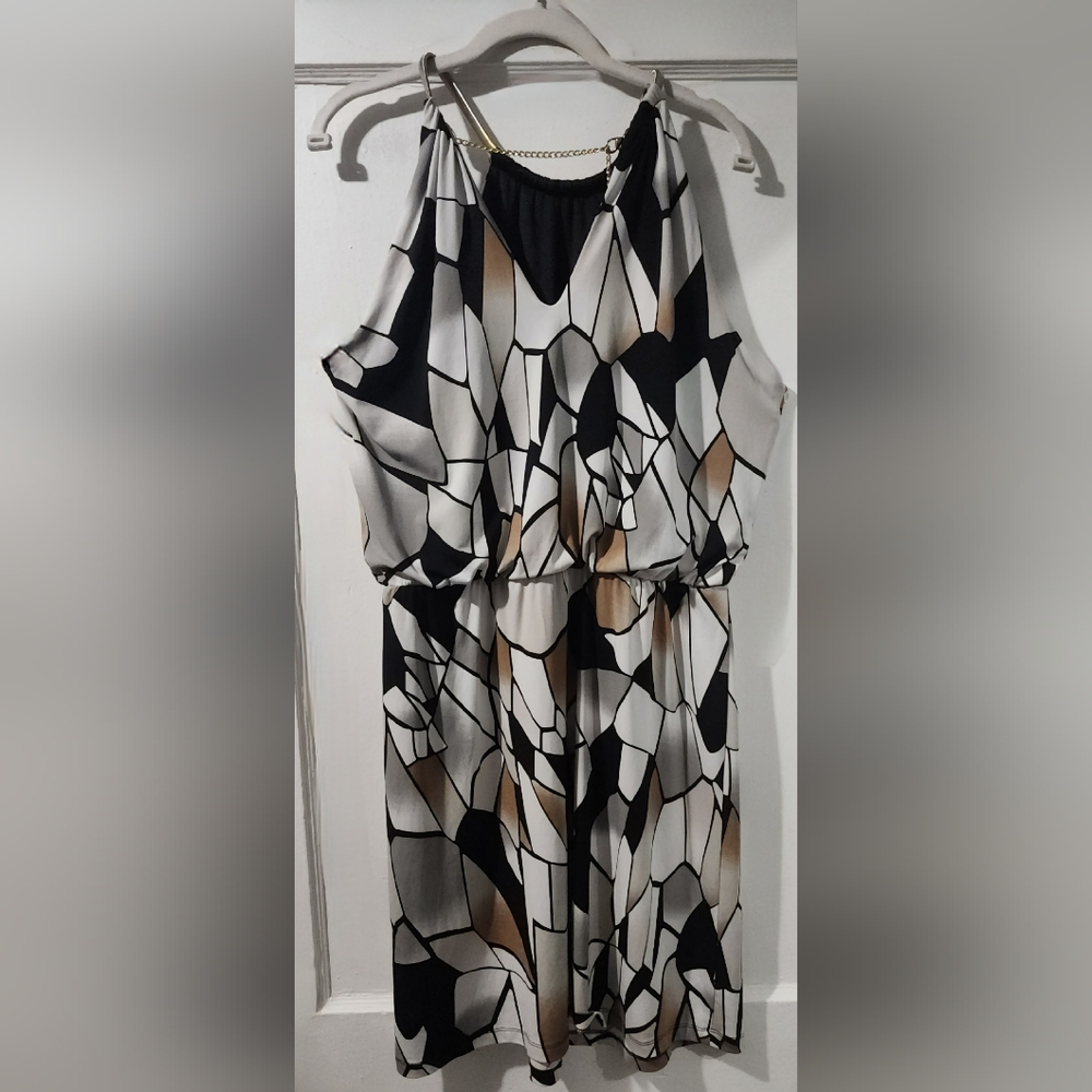 ✨ Dressbarn Abstract Print Gold Chain Neck Blouson Dress ✨size 14